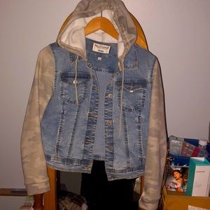 Hooded Jean Jacket with Army Cotton Sleeves